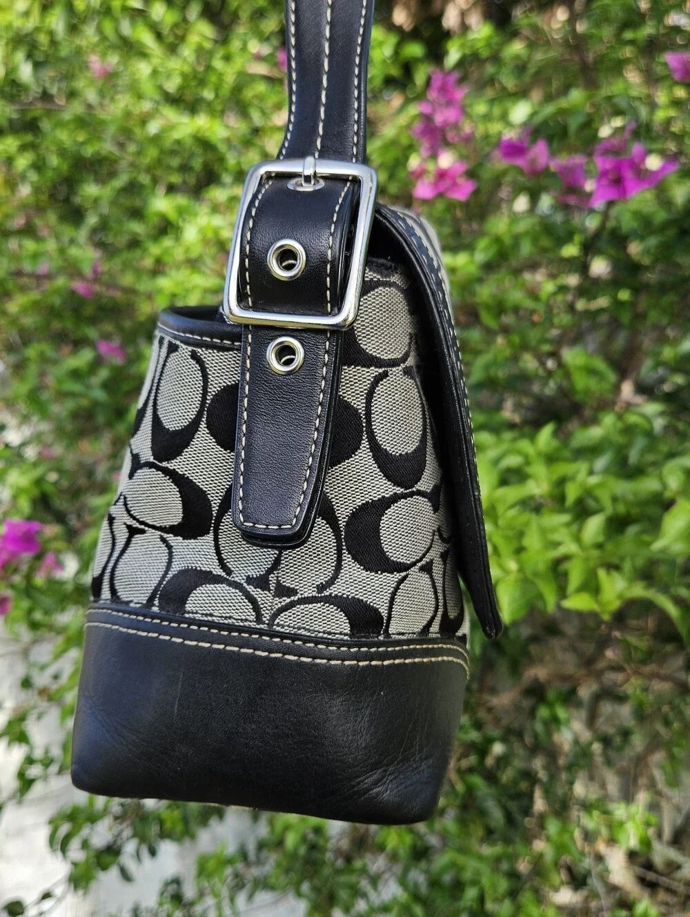 Coach Hampton F13066 Black Signature Jacquard Turnlock Flap Shoulder Bag